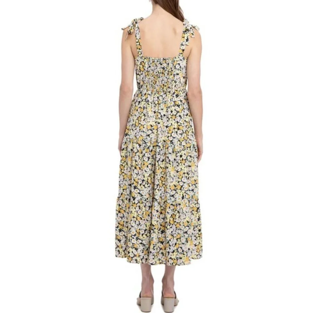 Social Standard by Sanctuary Black Yellow Floral Shoulder Tie Smocked Midi Dress - Picture 3 of 13